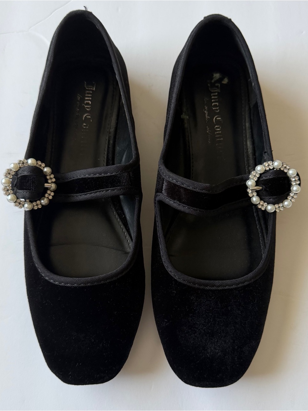 Juicy Couture Black Velvet Mary Jane Flats with Pearl-Embellished Buckles